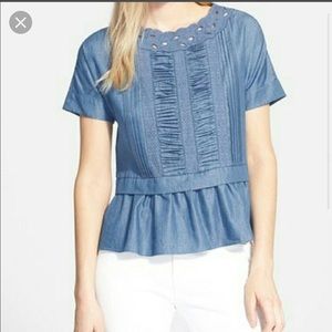 Kate Spade denim peplum eyelet pleated top